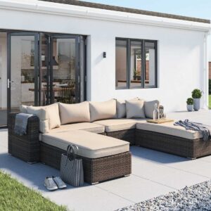 Rattan Garden Day Bed Sofa Set in Truffle Brown & Champagne - Monaco - Rattan Direct