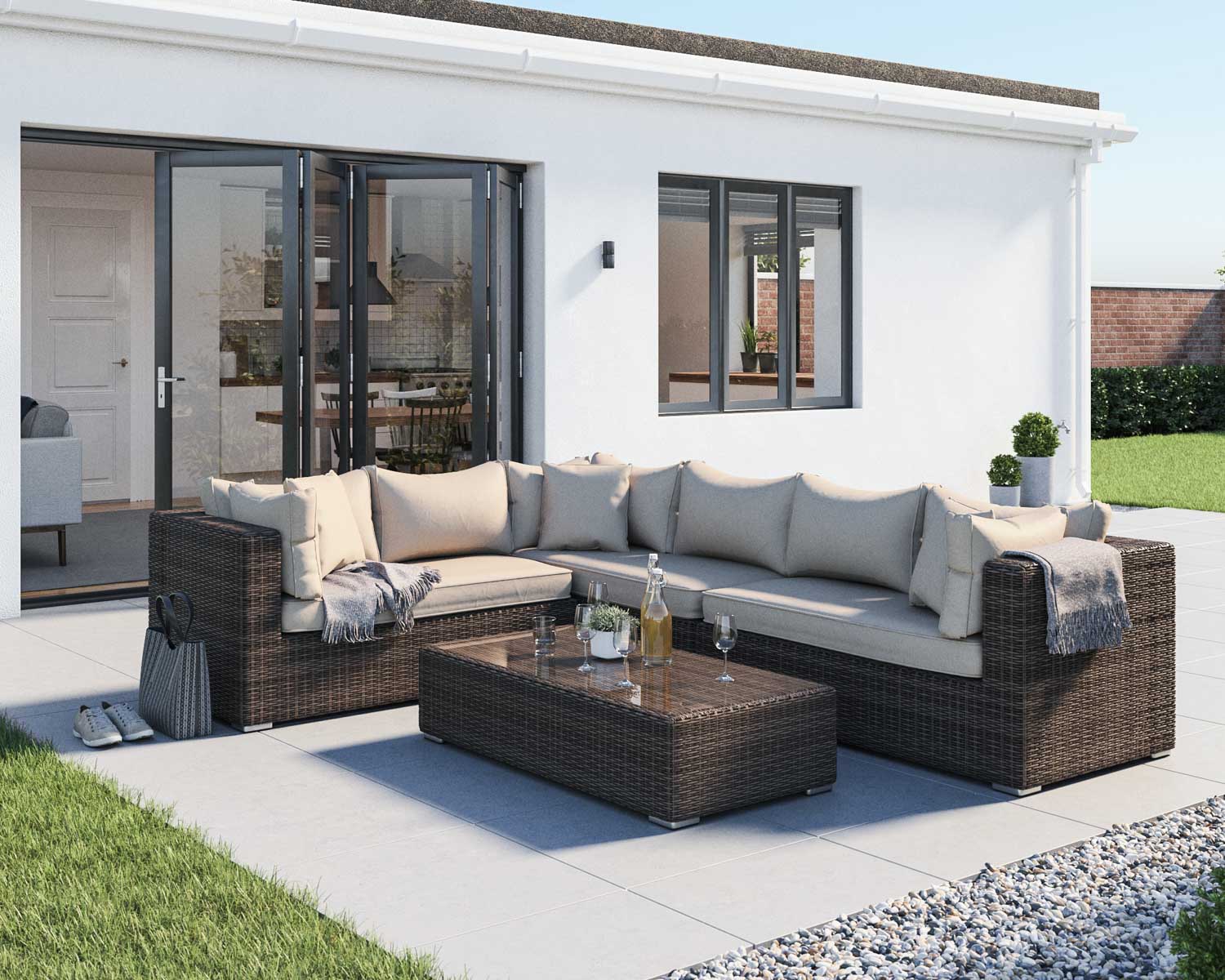 Rattan Garden Righthand Corner Sofa Set in Truffle Brown & Champagne - Monaco - Rattan Direct 1 Rattan Garden Righthand Corner Sofa Set in Truffle Brown & Champagne - Monaco - Rattan Direct